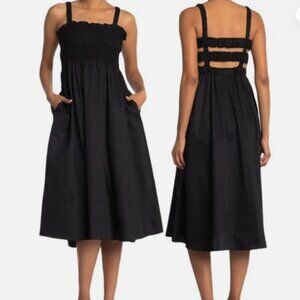 Topshop Flowy Black Cotton Poplin Midi Dress - Elastic Straps
